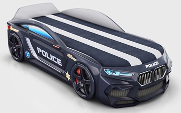 Детская кровать-машина Romeo-М Police + подсветка фар, ящик, матрас, Черный в Вологде