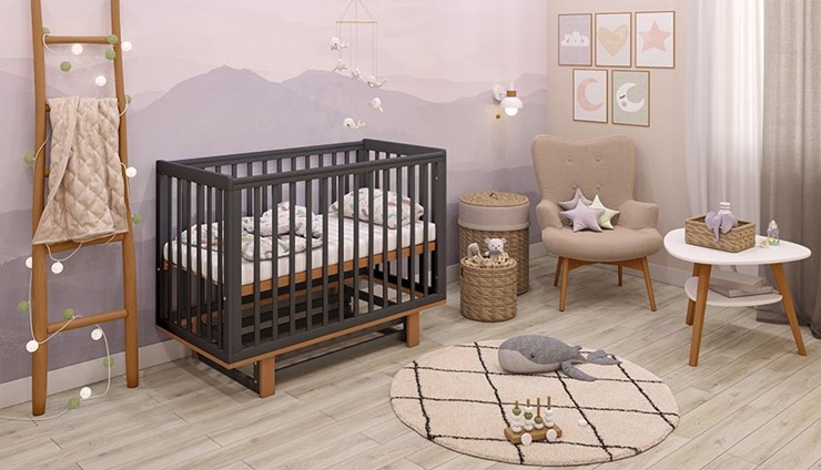 Кровать для новорожденных серия 3400 POLINI Kids Simple 340 с маятником Графит/Дуб каменный в Вологде - изображение 1