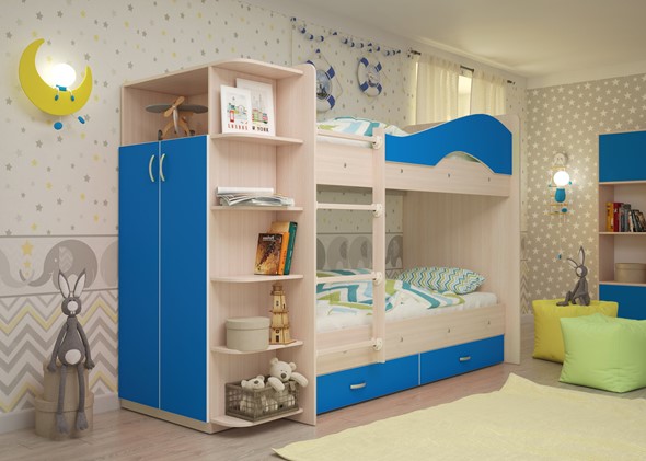 Двухэтажная детская кровать Мая на щитах со шкафом и ящиками, корпус Млечный дуб, фасад Синий в Вологде - изображение