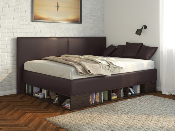 Кровать в детскую Lancaster 1, 120х200, ЛДСП венге, экокожа коричневая в Вологде - изображение