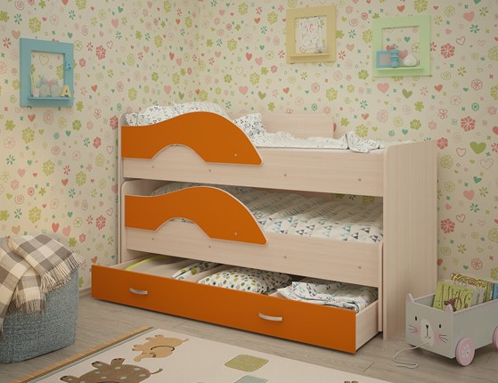 Двухъярусная кровать Радуга 1.6 с ящиком, корпус Млечный дуб, фасад Оранжевый в Вологде - изображение
