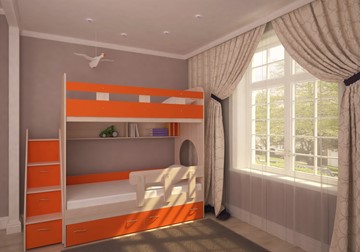 Детская 2-х ярусная кровать Юниор-1 с бортом, каркас Дуб, фасад Оранжевый в Вологде - предосмотр