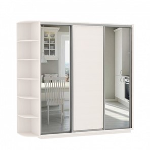 Шкаф 3-х створчатый Экспресс (Зеркало/ДСП/Зеркало) со стеллажом, 2100х600х2200, белый снег в Вологде