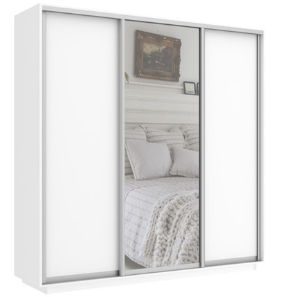 Шкаф 3-дверный Экспресс (ДСП/Зеркало/ДСП), 2400х600х2200, белый снег в Вологде - изображение