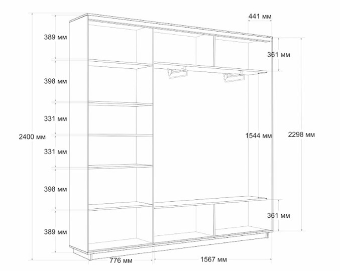 Шкаф трехдверный Экспресс (Зеркало/ДСП/Зеркало), 2400х450х2400, венге в Вологде - изображение 3