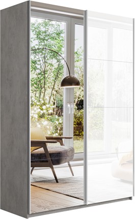 Шкаф 2-х дверный Прайм (Зеркало/Белое стекло) 1400x570x2300, бетон в Вологде - изображение
