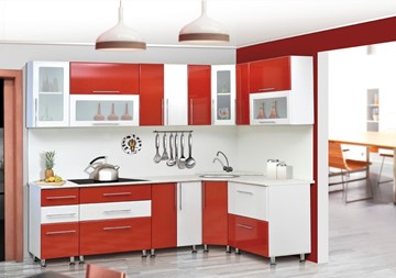 Кухня угловая Мыло 224 2600х1600, цвет Красный/Белый металлик в Вологде - предосмотр