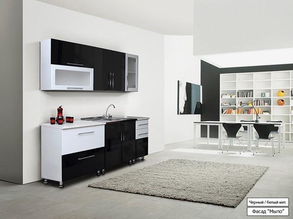 Гарнитур на кухню Мыло 224 2000х718, цвет Черный/Белый металлик в Вологде - изображение