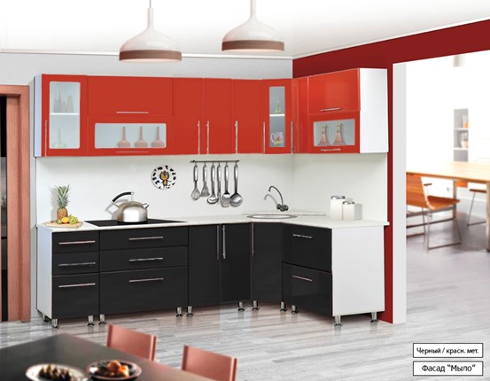 Угловая кухня Мыло 224 2600х1600, цвет Черный/Красный металлик в Вологде - изображение