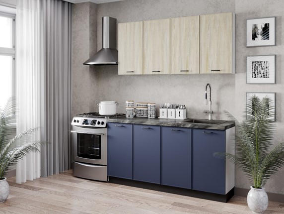 Гарнитур кухонный 2200 Индиго, Белый/Дуб мадейра топаз/Тёмно-синий в Вологде - изображение