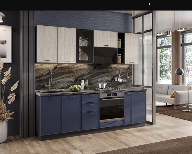 Гарнитур кухонный 2400 Индиго, Черный/Дуб мадейра топаз/Темно-синий в Вологде - изображение