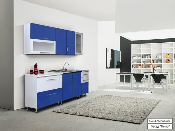 Модульный кухонный гарнитур Мыло 224 2000х718, цвет Синий/Белый металлик в Вологде - изображение