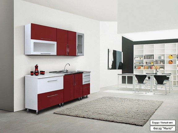 Кухонный гарнитур Мыло 224 2000х918, цвет Бордо/Белый металлик в Вологде - изображение