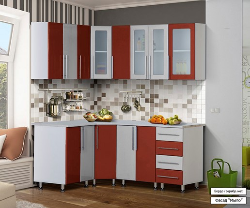 Модульная кухня Мыло 224 1800х1400, цвет Бордо/Серебристый металлик в Вологде - изображение