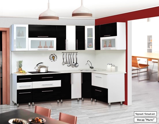 Угловой кухонный гарнитур Мыло 224 2600х1600, цвет Черный/Белый металлик в Вологде - изображение