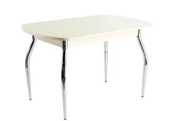 Кухонный обеденный стол ПГ-08 СТ1, дуб молочный/песочное стекло/35 хром гнутые металл в Вологде