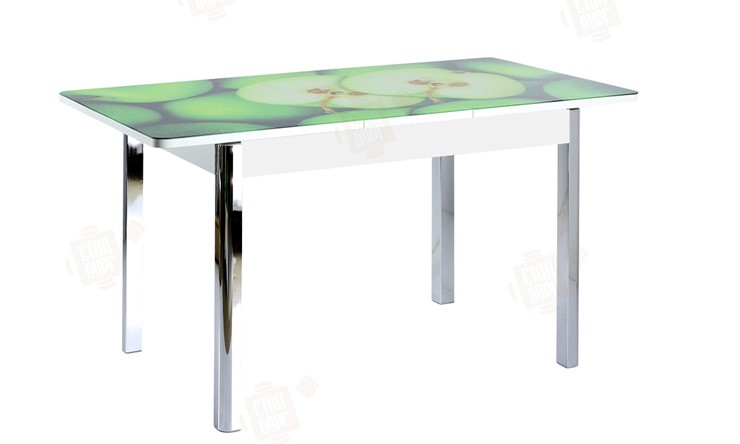 Кухонный раскладной стол Айсберг-02 СТФ, белое лдсп/зеленые яблоки/ноги хром квадратные в Вологде - изображение 3