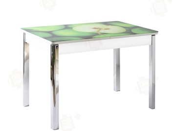 Кухонный раскладной стол Айсберг-02 СТФ, белое лдсп/зеленые яблоки/ноги хром квадратные в Вологде - предосмотр
