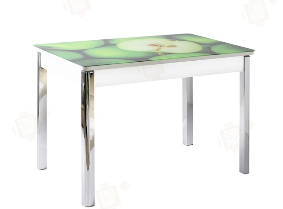 Кухонный раскладной стол Айсберг-02 СТФ, белое лдсп/зеленые яблоки/ноги хром квадратные в Вологде - изображение