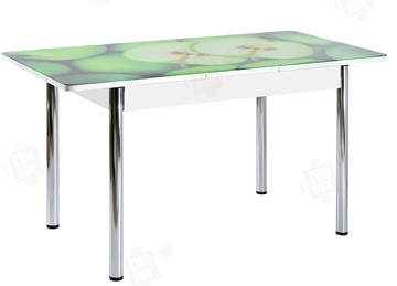 Кухонный стол раздвижной Айсберг-02 СТФ, белое лдсп/зеленые яблоки/ноги хром прямые в Вологде - предосмотр
