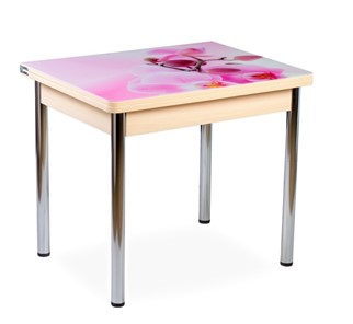 Кухонный пристенный стол СПА-07 СТФ, молочный дуб/фотопечать орхидея/опоры прямые хром в Вологде - предосмотр