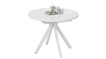 Кухонный раздвижной стол Стокгольм Тип 1 (Белый муар/Стекло глянцевое белое) в Вологде - предосмотр