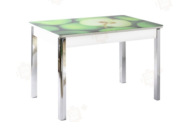 Раздвижной стол Айсберг-01 СТФ, белый/фотопечать зеленые яблоки/ноги хром квадратные в Вологде - изображение