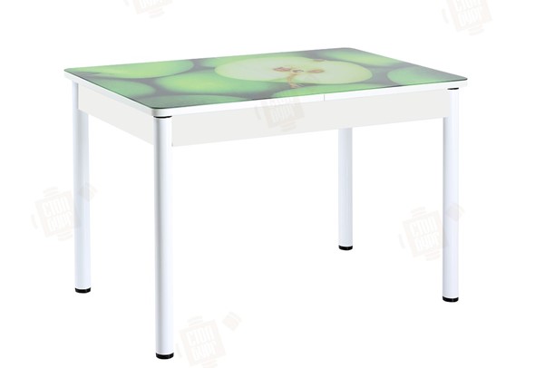 Кухонный стол раздвижной Айсберг-01 СТФ, белый/фотопечать зеленые яблоки/ноги крашеные в Вологде - изображение