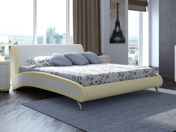 Кровать двуспальная Corso-2 160х200, Экокожа (Кремовый с белым) в Вологде - изображение