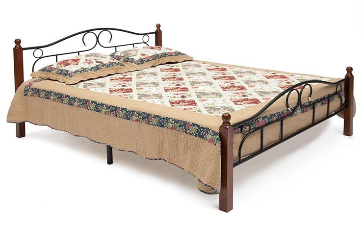 Кровать с основанием AT-808 дерево гевея/металл, 140*200 см (Queen bed), красный дуб/черный в Вологде - изображение 1