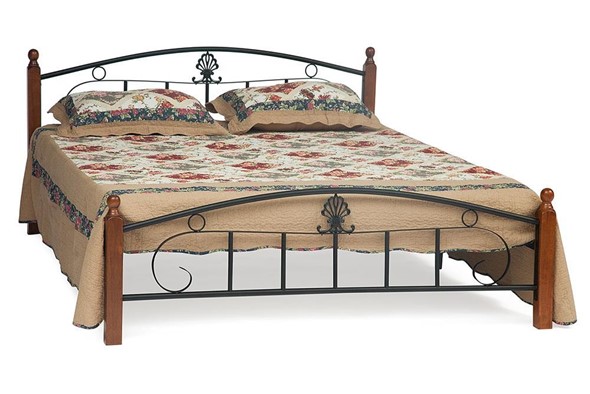 Кровать с основанием РУМБА (AT-203)/ RUMBA дерево гевея/металл, 160*200 см (Queen bed), красный дуб/черный в Вологде - изображение