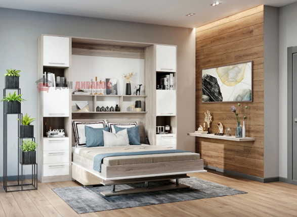 Кровать-шкаф с диваном Бела 1, с полкой ножкой, 1600х2000, Эльбрус/белый в Вологде - изображение