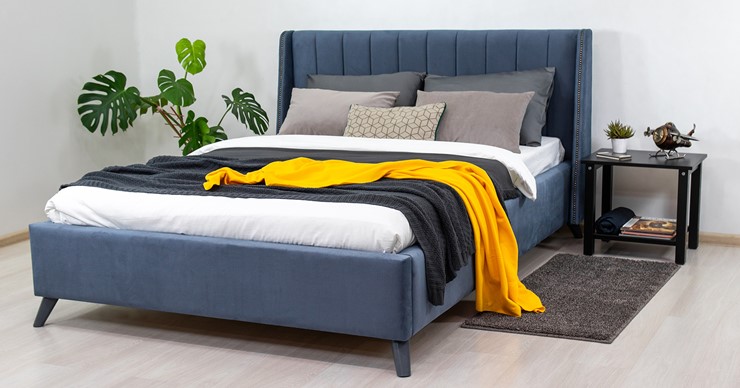Кровать полуторная Мелисса 140, арт. Тори 83 велюр (серо-синий) + кроватное дно в Вологде - изображение 4