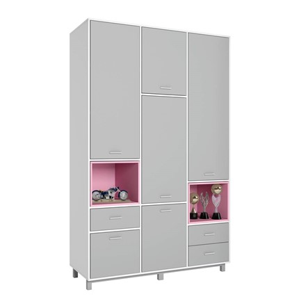 Многофункциональный шкаф POLINI Kids Mirum 2335 Белый / Серый / полки Розовые в Вологде - изображение
