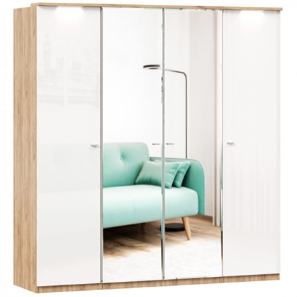 Шкаф четырехдверный Фиджи с 2 зеркалами, Дуб золотой/Белый в Вологде - изображение