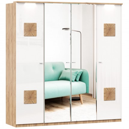 Шкаф распашной Фиджи с 2 зеркалами и декоративными накладками, Дуб золотой/Белый в Вологде - изображение