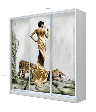 Шкаф 3-х дверный 2200х2000х420, Девушка с леопардом ХИТ 22-4-20-777-03 Белая шагрень в Вологде - изображение