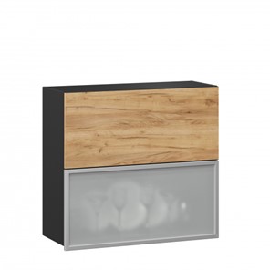 Кухонный навесной шкаф 800 горизонтальный, Шервуд, ЛД 281.981.000.049, со стеклом, черный/дуб золотой в Вологде