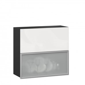 Навесной кухонный шкаф 800 горизонтальный, Шервуд, ЛД 281.981.000.088, со стеклом, черный/белый глянец в Вологде - предосмотр