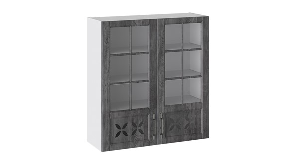 Навесной кухонный шкаф Прованс (Белый глянец/Санторини темный) cо стеклом В_96-90_2ДРДс в Вологде - изображение