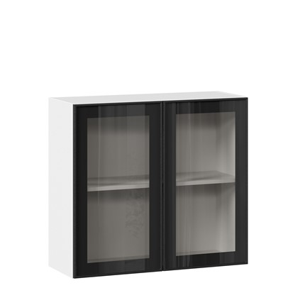 Навесной шкаф со стеклом 800 Индиго ЛД 298.360.000.023, Белый/Чёрный в Вологде - изображение