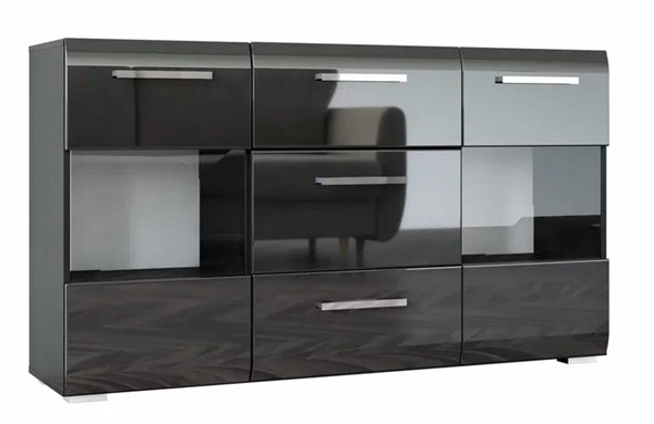 Комод в гостиную Домино 3 ящика, 2 двери, со стеклом (Черный) в Вологде - изображение