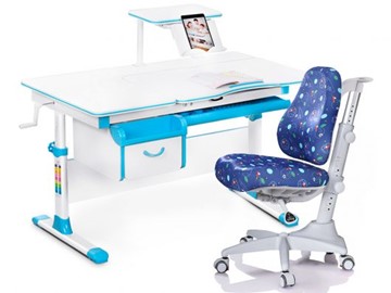 Комплект растущая парта + стул Mealux Mealux EVO Evo-40 BL (арт. Evo-40 BL + Y-528 F) / (стол+полка+кресло) / белая столешница / цвет пластика голубой в Вологде - предосмотр