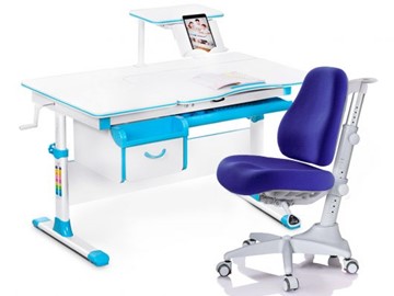 Комплект растущая парта + стул Mealux EVO Evo-40 BL (арт. Evo-40 BL + Y-528 SB) / (стол+полка+кресло) / белая столешница / цвет пластика голубой в Вологде